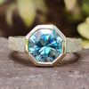 Octagon Cyan Blue Moissanite Sandblast Bezel Engagement Ring 3.4 CT