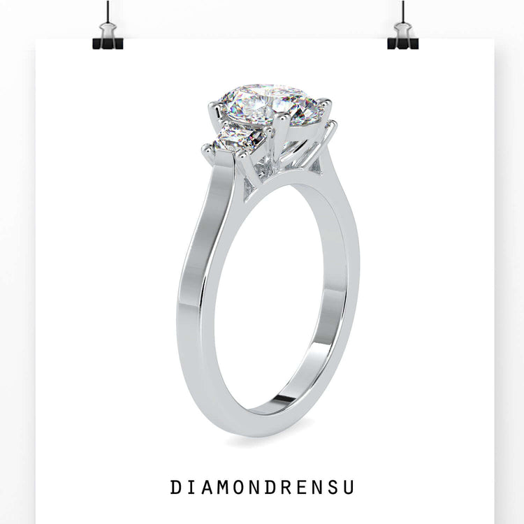 2.04 TCW Oval and Trapezoid Moissanite Three Stones Engagement Ring