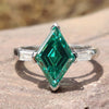 Lozenge Dark Green Moissanite Cathedral Three Stone Ring 3.2 CT