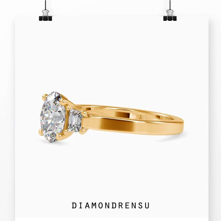 2.04 TCW Oval and Trapezoid Moissanite Three Stones Engagement Ring