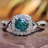 Portuguese Cut Cyan Blue Moissanite Twisted Pavé Shank Halo Ring 1 CT