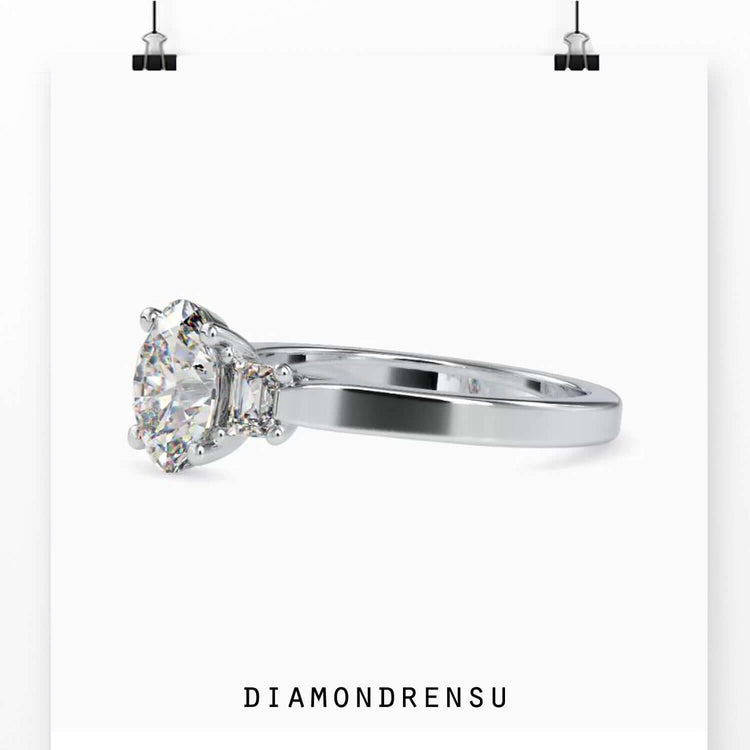 2.04 TCW Oval and Trapezoid Moissanite Three Stones Engagement Ring